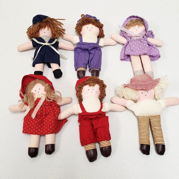 Merry Thoughts 6" Ragdoll Lot of 6 Dolls Cloth Yarn Hair Thailand - Picture 1 of 9